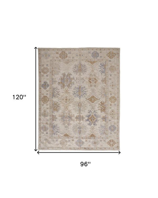 Homeroots 8' X 10' Ivory Tan And Blue Floral Hand Knotted Stain Resistant Area Rug  Other Material 514965