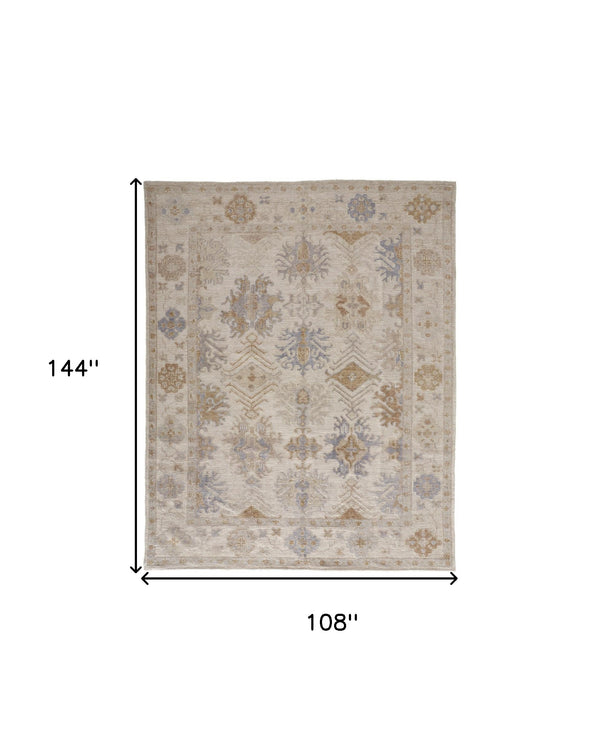 Homeroots 9' X 12' Ivory Tan And Blue Floral Hand Knotted Stain Resistant Area Rug  Other Material 514966
