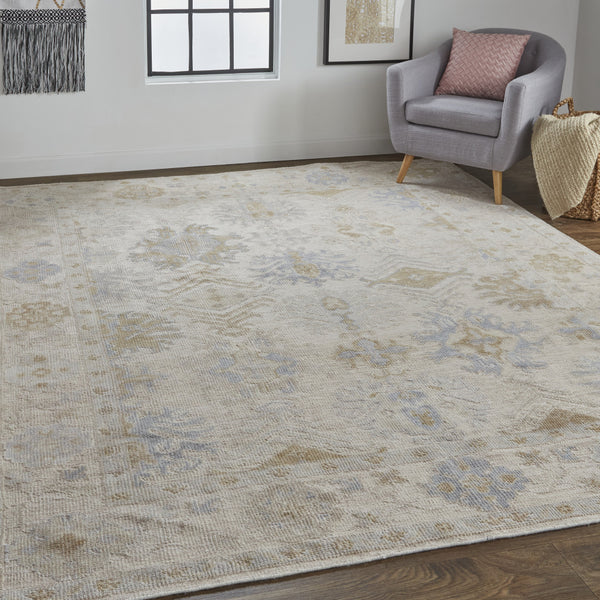 Homeroots 9' X 12' Ivory Tan And Blue Floral Hand Knotted Stain Resistant Area Rug  Other Material 514966