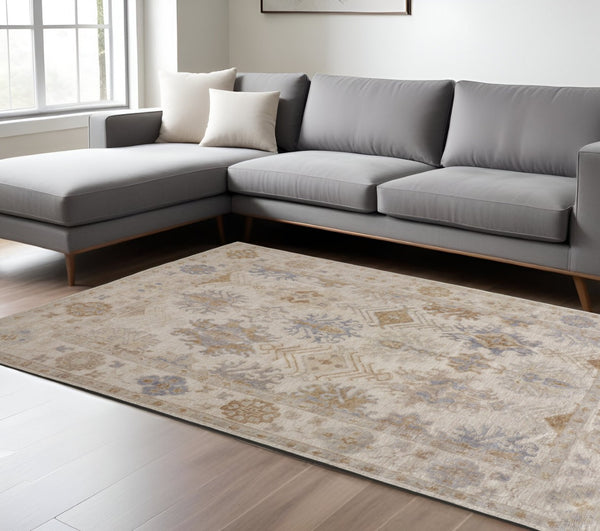 HomeRoots 4' Hand-Knotted Floral Area Rug in Ivory, Tan & Blue - Eco-Friendly, Stain-Resistant Elegance 10' X 14' 514967