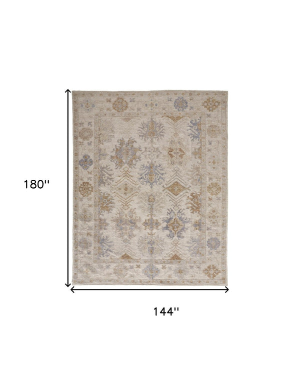 Homeroots 12' Elegant Hand Knotted Floral Area Rug In Ivory Tan & Blue – Stain Resistant, Perfect For Homes! 12' X 15' Other Material 514968