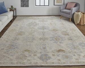 Homeroots 12' Elegant Hand Knotted Floral Area Rug In Ivory Tan & Blue – Stain Resistant, Perfect For Homes! 12' X 15' Other Material 514968
