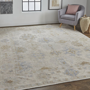 Homeroots 12' Elegant Hand Knotted Floral Area Rug In Ivory Tan & Blue – Stain Resistant, Perfect For Homes! 12' X 15' Other Material 514968