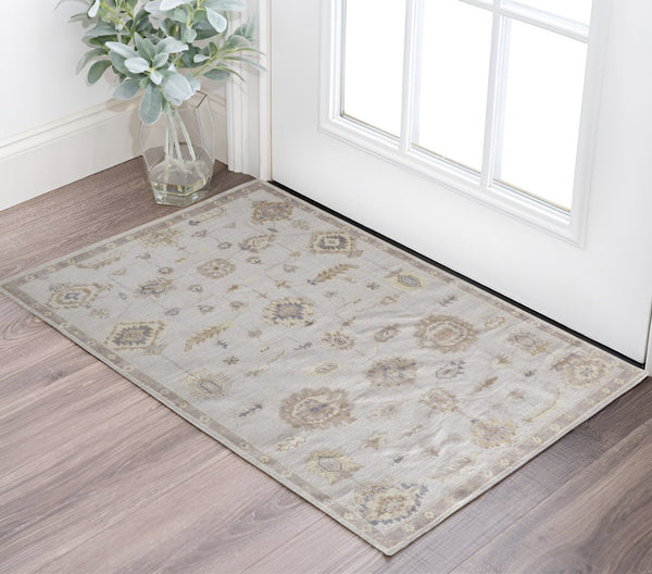 HomeRoots 2' Luxurious Hand-Knotted Ivory and Orange Floral Area Rug - Stain Resistant, Perfect for Any Space 2' X 3' 514976