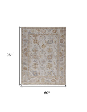 HomeRoots 4' Hand-Knotted Ivory and Tan Floral Area Rug – Eco-Friendly, Stain-Resistant Design for Any Room 5' X 8' 514978