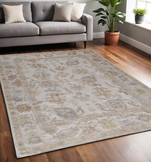 HomeRoots 4' Hand-Knotted Ivory and Tan Floral Area Rug – Eco-Friendly, Stain-Resistant Design for Any Room 5' X 8' 514978