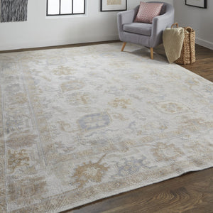 HomeRoots 4' Hand-Knotted Ivory and Tan Floral Area Rug – Eco-Friendly, Stain-Resistant Design for Any Room 5' X 8' 514978