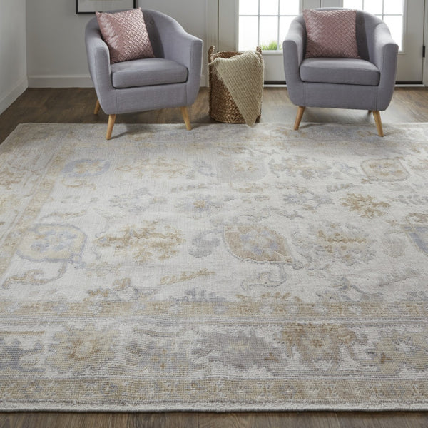 HomeRoots 4' Hand-Knotted Ivory and Tan Floral Area Rug – Eco-Friendly, Stain-Resistant Design for Any Room 5' X 8' 514978