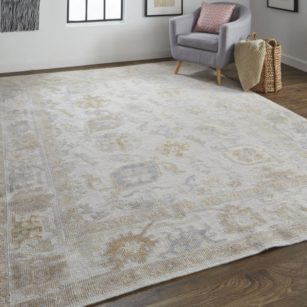 HomeRoots 4' Hand-Knotted Ivory and Tan Floral Area Rug – Eco-Friendly, Stain-Resistant Design for Any Room 10' X 14' 514981