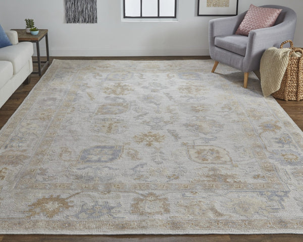 HomeRoots 2' Handmade Distressed Medallion Area Rug in Soft Ivory and Tan for Indoor or Outdoor Use 2' x 3' 514983