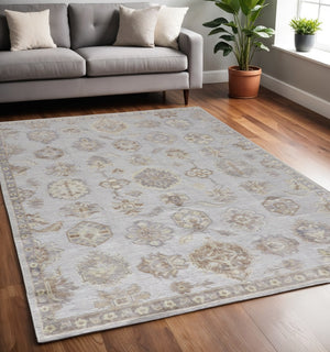 HomeRoots 4' Hand-Knotted Gray and Ivory Floral Area Rug - Timeless Elegance with Stain-Resistant Durability 5' X 8' 514985