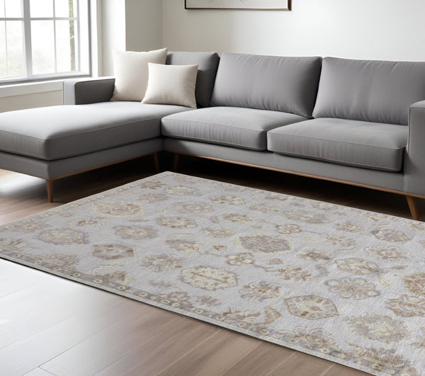 HomeRoots 4' Hand-Knotted Gray and Ivory Floral Area Rug - Timeless Elegance with Stain-Resistant Durability 8' X 10' 514986
