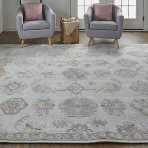 HomeRoots 4' Hand-Knotted Gray and Ivory Floral Area Rug - Timeless Elegance with Stain-Resistant Durability 9' X 12' 514987
