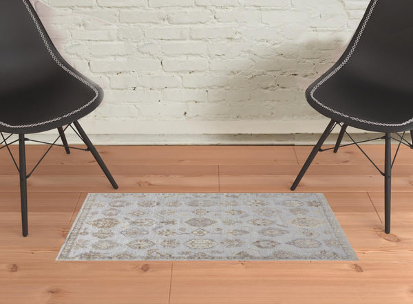 HomeRoots 2' Hand-Knotted Floral Area Rug in Ivory, Silver & Tan - Elegant, Stain-Resistant Design for Any Space 2' X 3' 514990