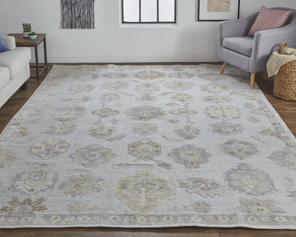 HomeRoots 2' Hand-Knotted Floral Area Rug in Ivory, Silver & Tan - Elegant, Stain-Resistant Design for Any Space 2' X 3' 514990