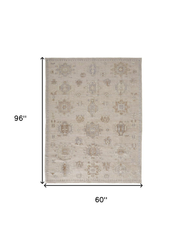 HomeRoots 4' Floral Hand-Knotted Area Rug in Tan and Brown - Timeless Charm for Living Spaces or Bedrooms 5' X 8' 514992