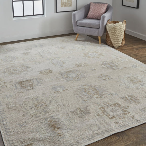 HomeRoots 4' Floral Hand-Knotted Area Rug in Tan and Brown - Timeless Charm for Living Spaces or Bedrooms 12' X 15' 514996