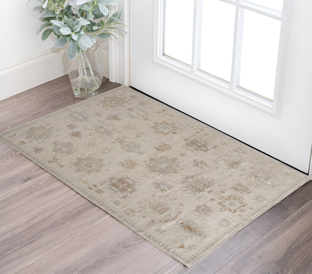HomeRoots 2' Hand-Knotted Tan and Brown Floral Area Rug - Stain-Resistant Elegance for Any Room 2' X 3' 514997