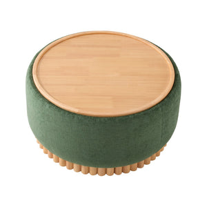 English Elm 29" Round Boucle Storage Ottoman Sculptural Wood Base Reversible Lid Living Room Green N723P405304G