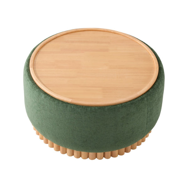 English Elm 29" Round Boucle Storage Ottoman Sculptural Wood Base Reversible Lid Living Room Green N723P405304G