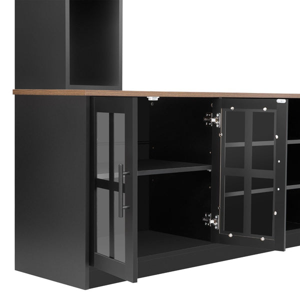 English Elm 95.5" Wide Modern Farmhouse Wall Unit with Tempered Glass Cabinets and Bookshelf Storage Black SJ000157AAB