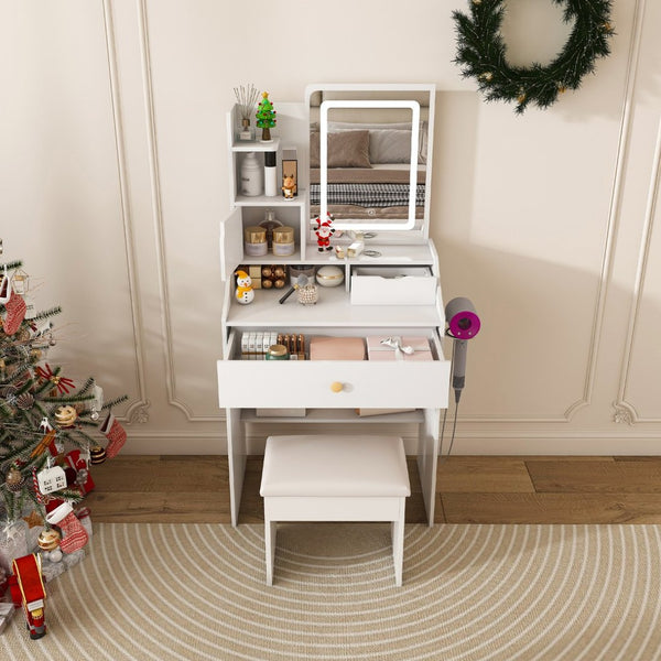 English Elm 3-color Led Vanity Table with Stool Drawers and Built-in Power Hub for Bedroom White W2700P457870