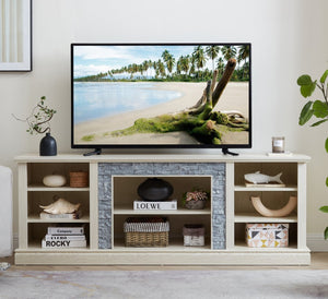 English Elm Large White Media Console with Faux Stone Surround and Enclosed Cabinet Storage W2275P389710