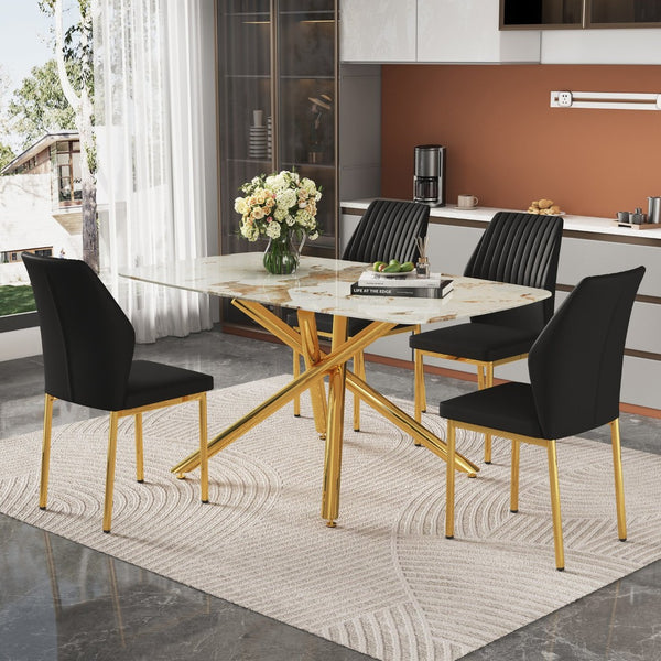 English Elm Table and Chair Set Marble Glass Top Gold X Base with Black Pu Seating for Four W1151S04542