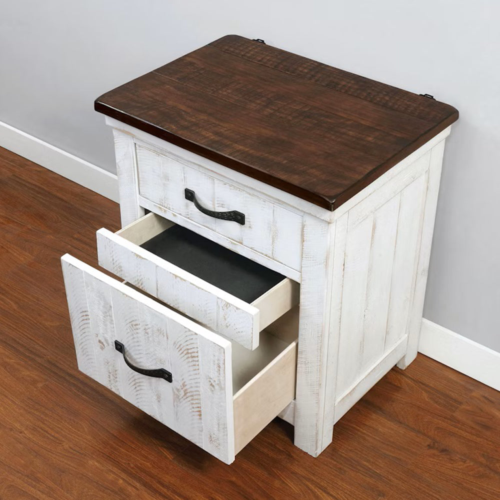 English Elm 3 Drawer Nightstand with USB Charging Ports, Distressed White & Walnut Finish, Dovetail Drawers for Durable, Classic Bedroom Storage B016P252820
