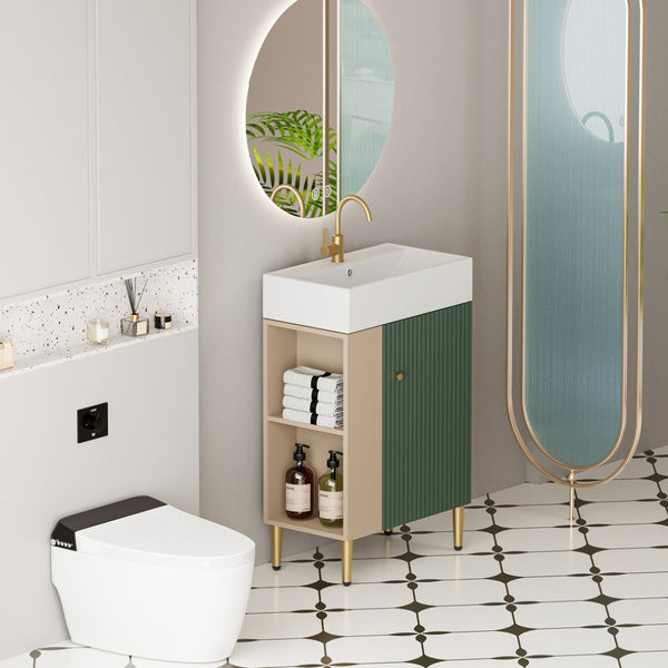 English Elm 21.6" Compact Green Bathroom Vanity Ceramic Sink Soft Close Cabinet Open Side Shelf W1920S00191