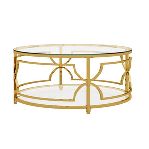 English Elm Round Tempered Glass Coffee Table with Gold Geometric Metal Base and Open Storage Shelf Transparent N735P396530K