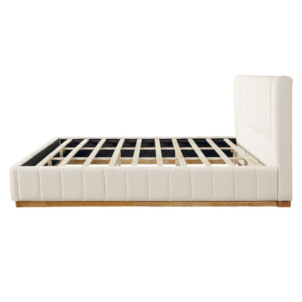 English Elm Modern, Beige Upholstered King Platform Bed Quilted Fabric Headboard Rubberwood Frame N769K360701A