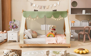 English Elm Twin Cabin Bed with Detachable Tent Skylight and Woodland Deer Antler Accents White N708P356717K