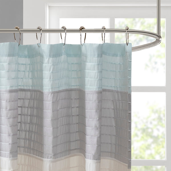 JLA Home Madison Park - Faux Silk Dupioni Shower Curtain with Pintuck Texture and Color‑Block Panels for Hotel-Quality Bath Aqua MP70-2978