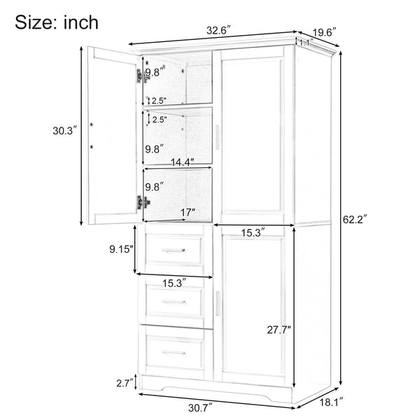 English Elm Tall Floor Storage Cabinet with Drawers Mdf Build Neutral Finish Bathroom Office White N725P331357K