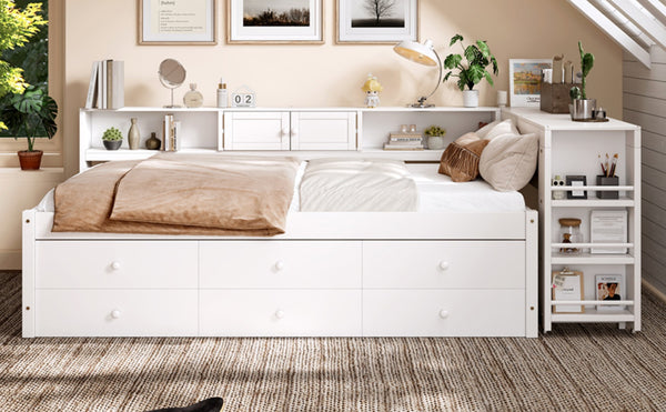 English Elm Twin Daybed Pine Frame with Trundle Desk Hutch Shelves and Storage for Kids Rooms White W1580S00458