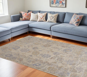 HomeRoots 4' Hand-Knotted Floral Area Rug in Tan, Orange, and Blue – Stain Resistant for High-Traffic Spaces 8' X 10' 515000
