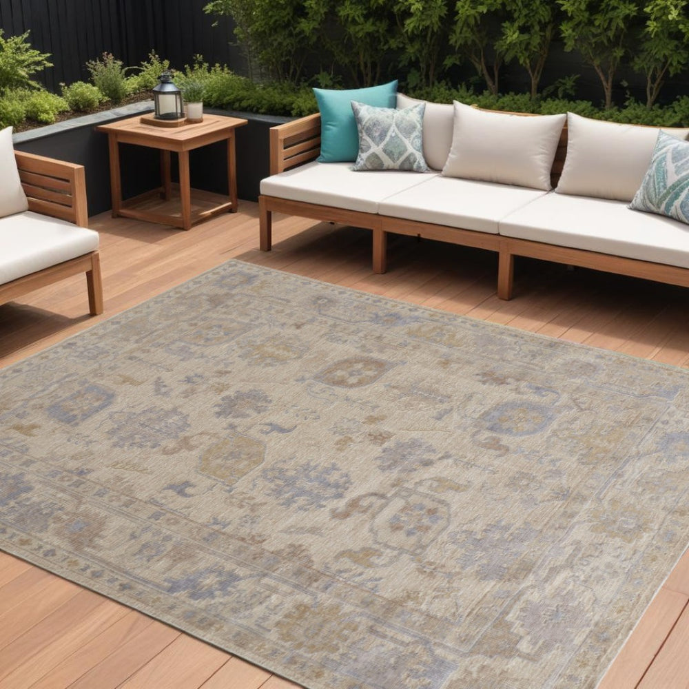 HomeRoots 12' Elegant Beige and Blue Medallion Distressed Area Rug - Eco-Friendly, Durable for Indoor & Outdoor 12' x 15' 515003