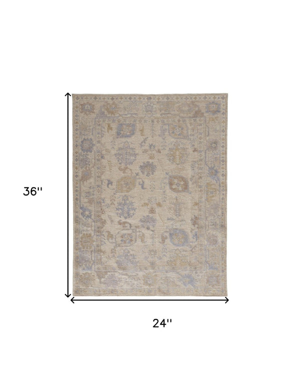 HomeRoots 2' Hand-Knotted Floral Area Rug in Tan, Orange, and Blue - Stain-Resistant for Stylish Decor 2' X 3' 515004