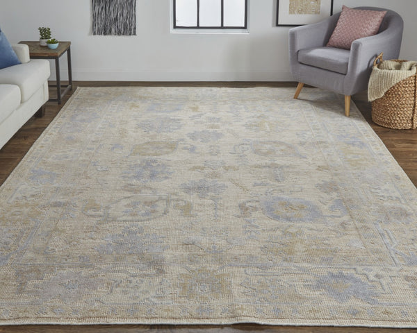 HomeRoots 2' Hand-Knotted Floral Area Rug in Tan, Orange, and Blue - Stain-Resistant for Stylish Decor 2' X 3' 515004