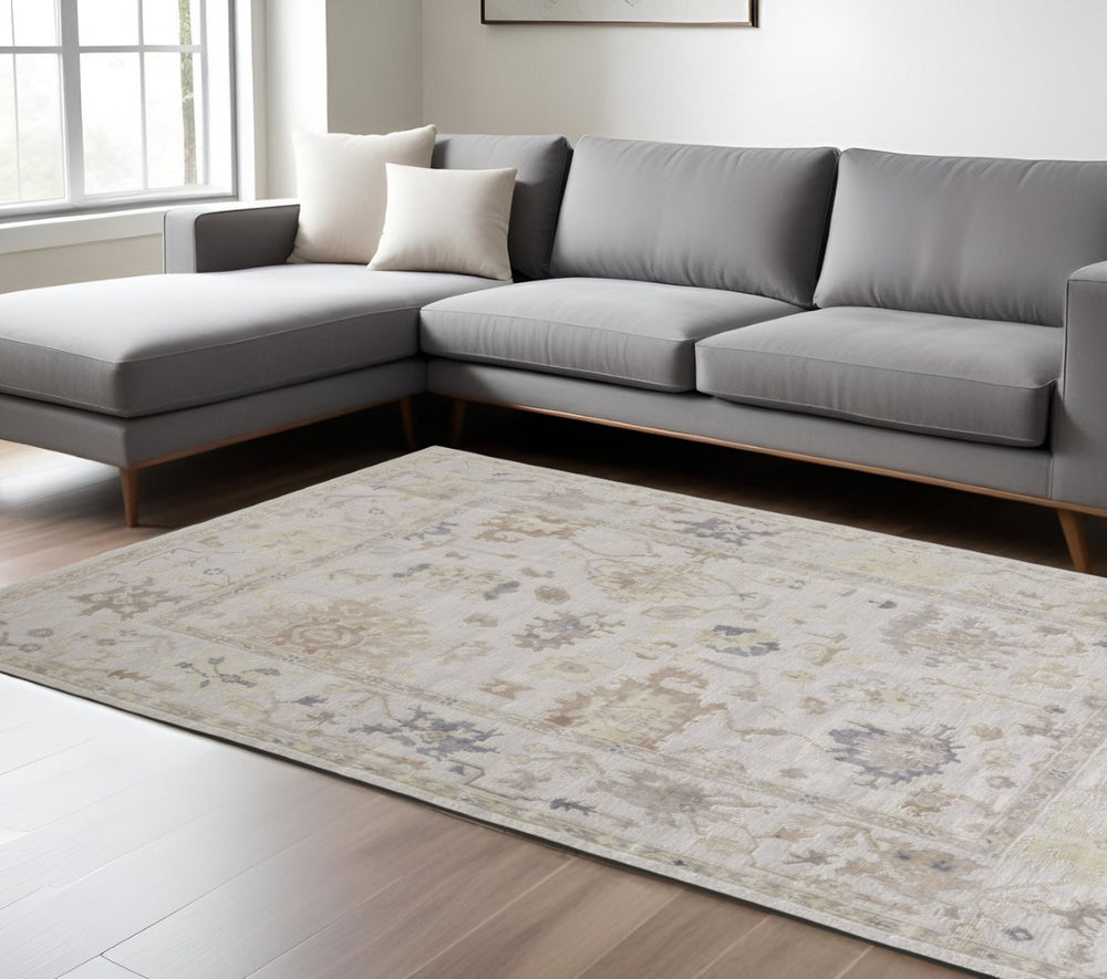 HomeRoots 4' Hand-Knotted Floral Area Rug in Tan, Ivory, and Orange - Stain Resistant for Timeless Charm 9' X 12' 515008