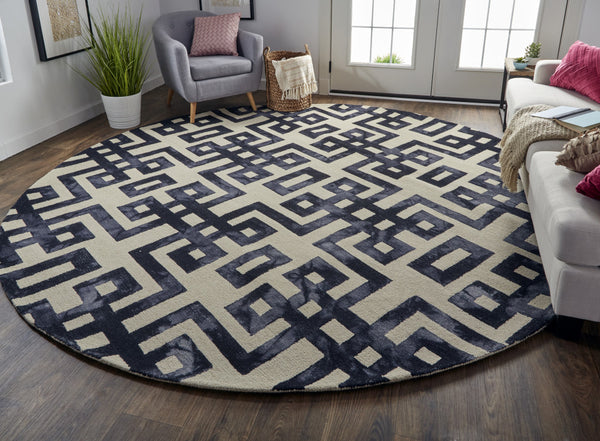 Homeroots 10' Ivory And Black Round Wool Tufted Handmade Stain Resistant Area Rug  Wool 515014