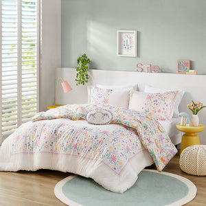 JLA Home Urban Habitat Kids - Floral Reversible Cotton Comforter Set with Jungle Animals, Hypoallergenic Fill and Pompom Pillow 88 L x 68 W x 1H UHK10-0230
