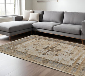 HomeRoots 9' Timeless Tan Brown and Gray Oriental Distressed Area Rug for Elegant Living Spaces and Comfort 10' X 14' 515036