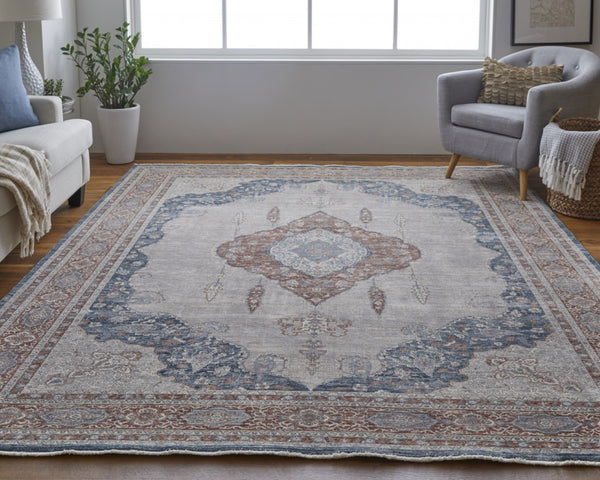 HomeRoots 5' Elegant Gray Red and Blue Floral Area Rug - Durable, Stain-Resistant Design for Any Room 4' X 6' 515044
