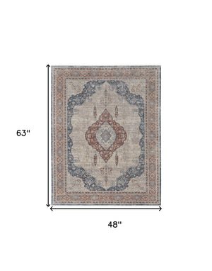 HomeRoots 5' Elegant Gray Red and Blue Floral Area Rug - Durable, Stain-Resistant Design for Any Room 4' X 6' 515044
