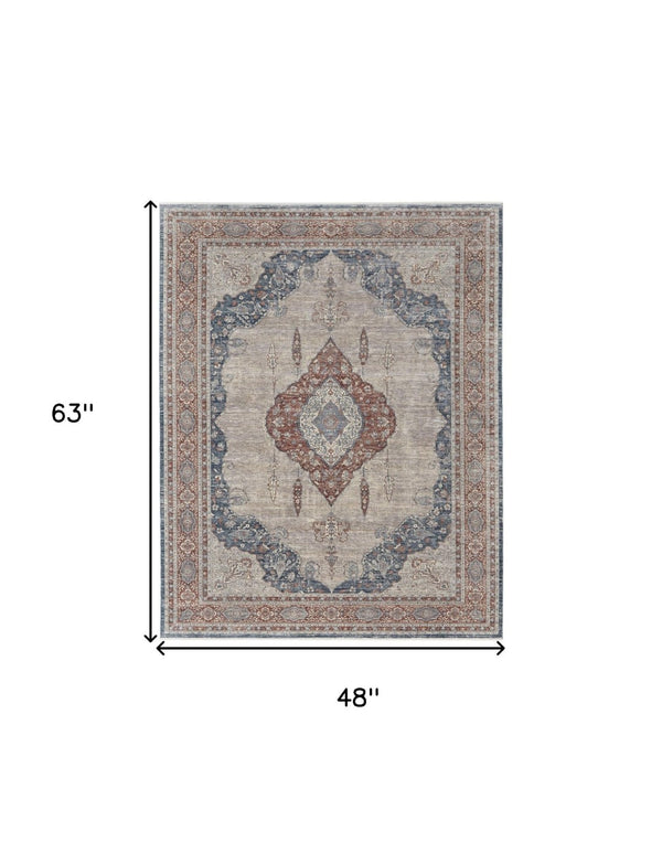 HomeRoots 5' Elegant Gray Red and Blue Floral Area Rug - Durable, Stain-Resistant Design for Any Room 4' X 6' 515044
