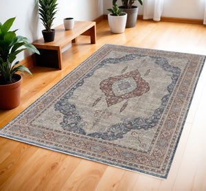 HomeRoots 5' Elegant Gray Red and Blue Floral Area Rug - Durable, Stain-Resistant Design for Any Room 4' X 6' 515044