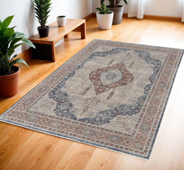 HomeRoots 5' Elegant Gray Red and Blue Floral Area Rug - Durable, Stain-Resistant Design for Any Room 4' X 6' 515044