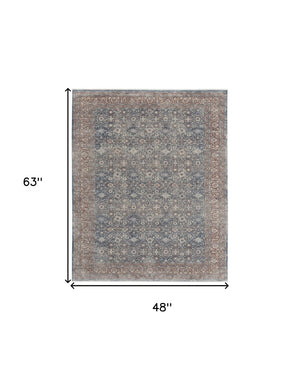 HomeRoots 5' Stunning Blue Beige Red Floral Area Rug - Durable, Stain-Resistant Design for Elegant Spaces 4' X 6' 515045